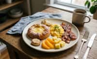 Breakfast Plate with Danish Pastry, Bacon, Soft Scrambled Egg, Citrus, Pineapple, and Biscuits