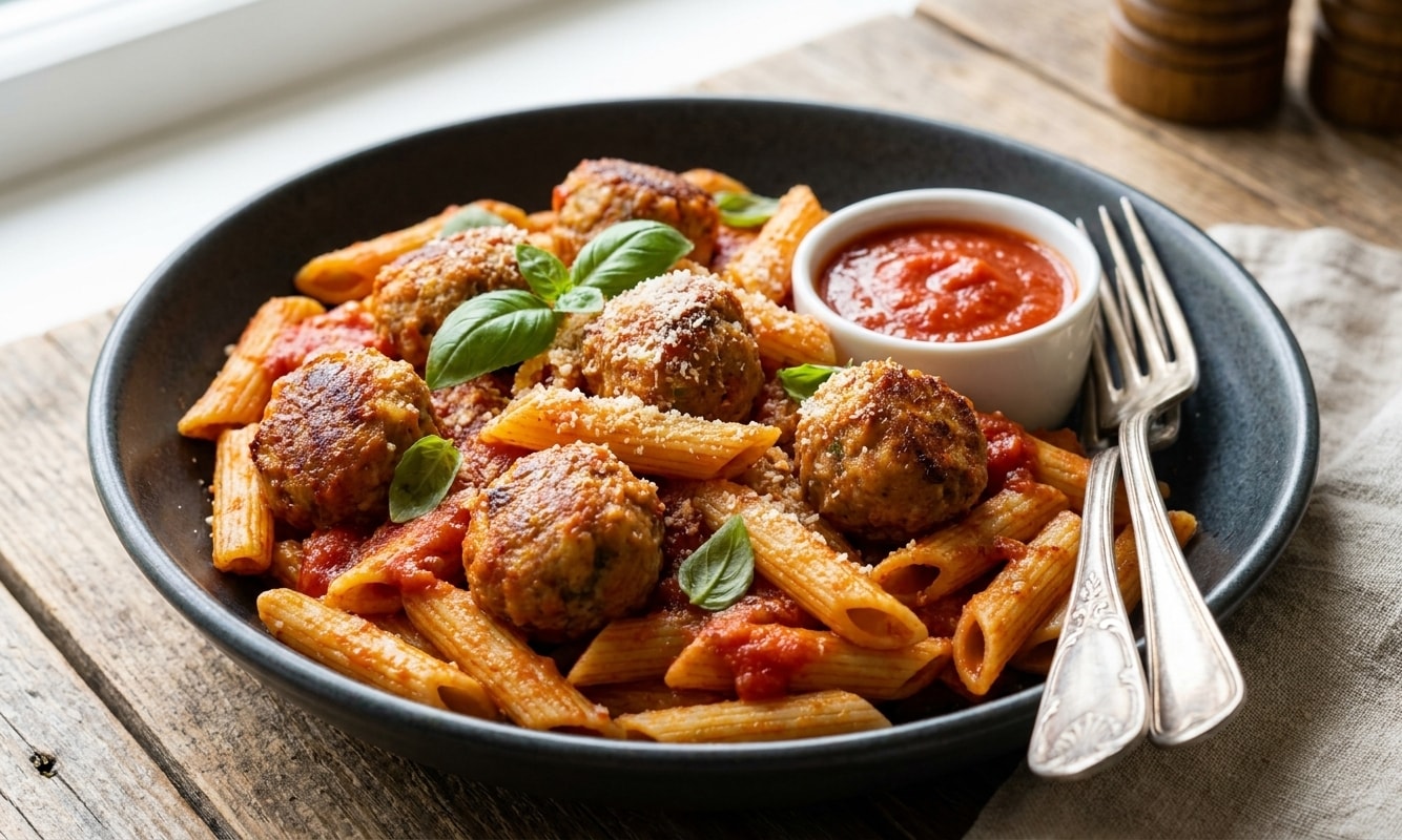 Penne Pasta with Meatballs and Tomato Sauce