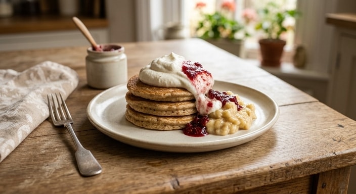 Oat Pancakes with Cream, Mashed Banana and Raspberry Jam