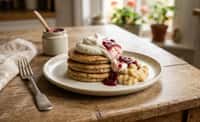 Oat Pancakes with Cream, Mashed Banana and Raspberry Jam