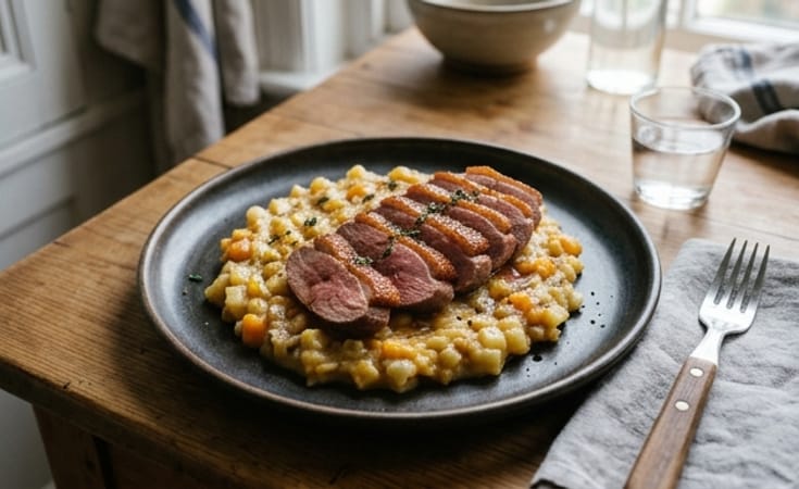 Seared Duck Breast with Creamed Potato and Butternut Squash Hash