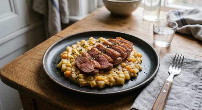 Seared Duck Breast with Creamed Potato and Butternut Squash Hash