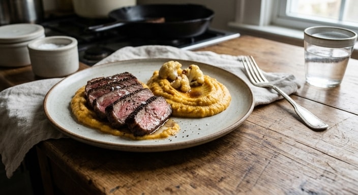 Pan-Seared Beef Steak with Creamed Potato, Squash, and Cauliflower