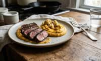 Pan-Seared Beef Steak with Creamed Potato, Squash, and Cauliflower