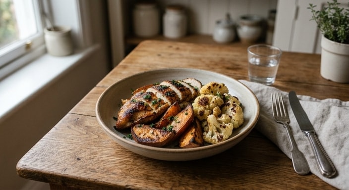 Charred Chicken with Japanese Sweet Potato and Cauliflower