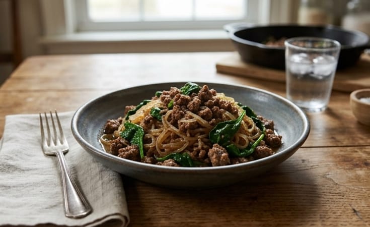 Ground Beef with Miracle Noodles and Spinach