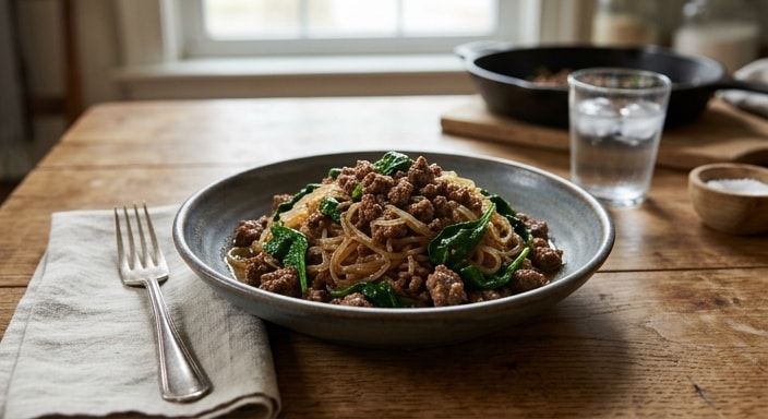 Ground Beef with Miracle Noodles and Spinach