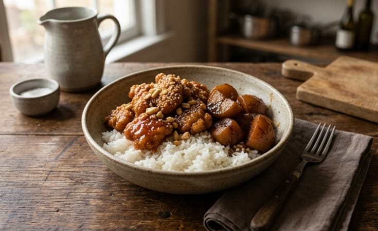 Sweet Chili Fried Chicken Rice Bowl with Braised Potato