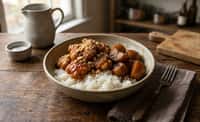 Sweet Chili Fried Chicken Rice Bowl with Braised Potato