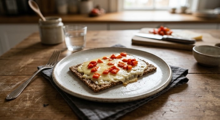 Rye Crispbread with Semi-Hard Cheese and Roasted Red Pepper