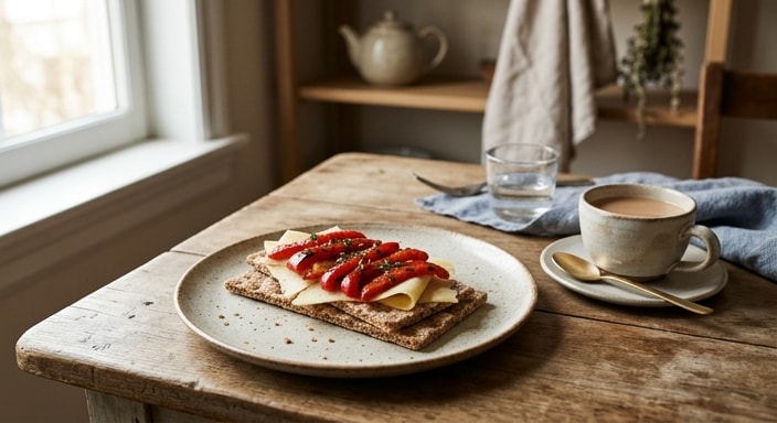 Crispbread with Semi-Hard Cheese and Roasted Red Pepper, with Milk Tea