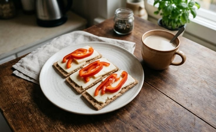 Crispbread with Sliced Cheese and Red Pepper, with Milk Tea