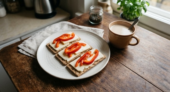 Crispbread with Sliced Cheese and Red Pepper, with Milk Tea