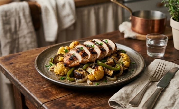 Charred Chicken Breast with Cauliflower, Eggplant, Green Pepper, and Garlic