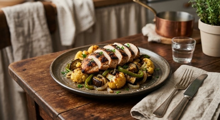 Charred Chicken Breast with Cauliflower, Eggplant, Green Pepper, and Garlic