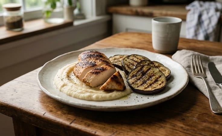 Charred Chicken Breast with Cauliflower Purée and Grilled Eggplant