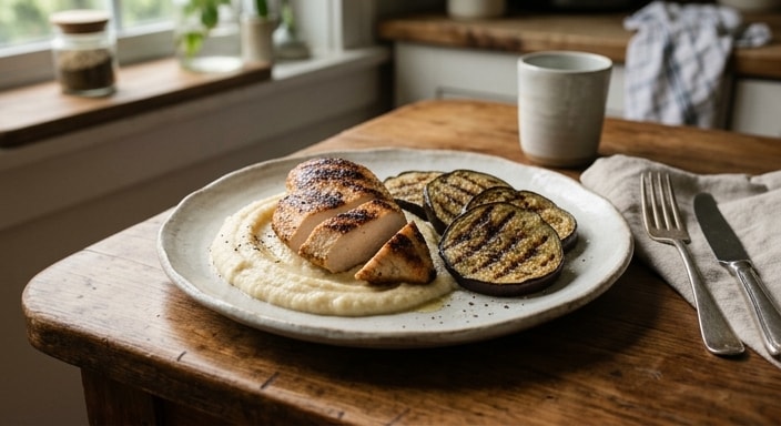 Charred Chicken Breast with Cauliflower Purée and Grilled Eggplant