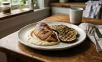 Charred Chicken Breast with Cauliflower Purée and Grilled Eggplant