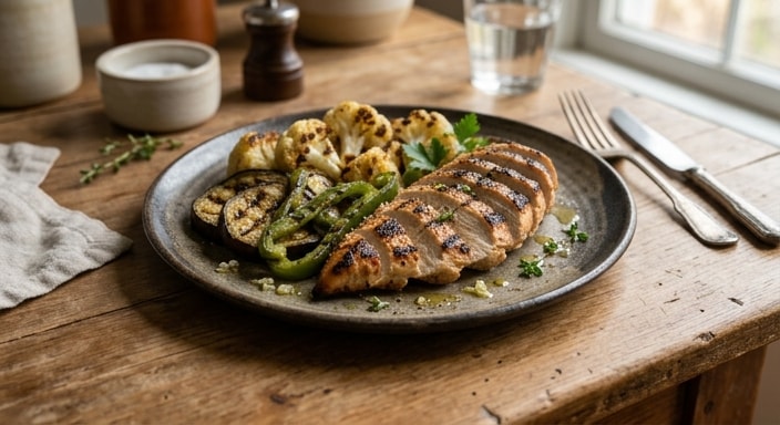 Grilled Chicken Breast with Charred Cauliflower, Eggplant, and Green Pepper