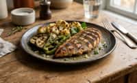 Grilled Chicken Breast with Charred Cauliflower, Eggplant, and Green Pepper