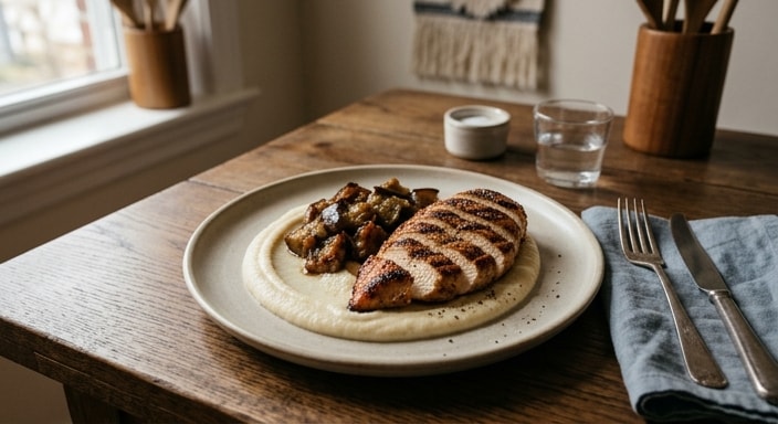 Charred Chicken Breast with Cauliflower Purée and Silken Eggplant