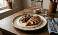 Charred Chicken Breast with Cauliflower Purée and Silken Eggplant