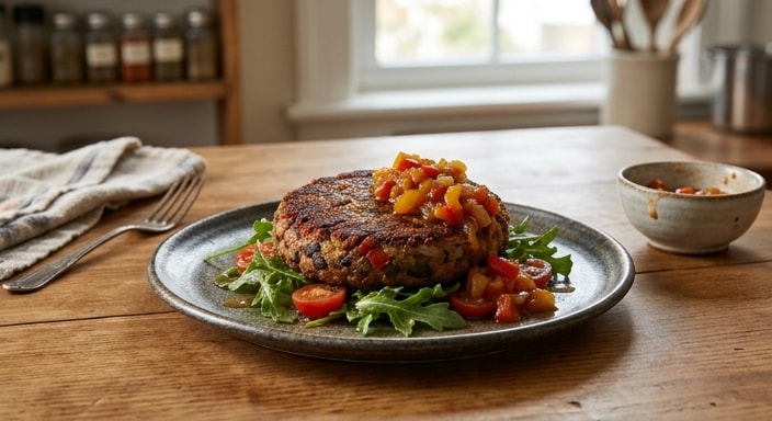 Black Bean and Roasted Tomato Patty with Sweet Pepper Relish