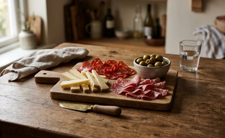 Iberian Charcuterie Board with Green Olives and Semi-Hard Cheese