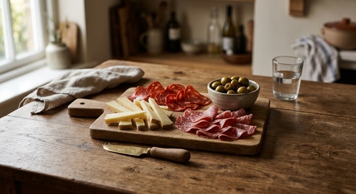 Iberian Charcuterie Board with Green Olives and Semi-Hard Cheese