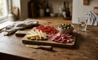 Iberian Charcuterie Board with Green Olives and Semi-Hard Cheese