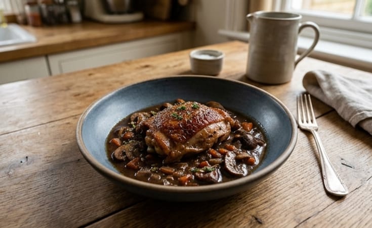 Braised Chicken Thighs in Red Wine and Mushroom Sauce