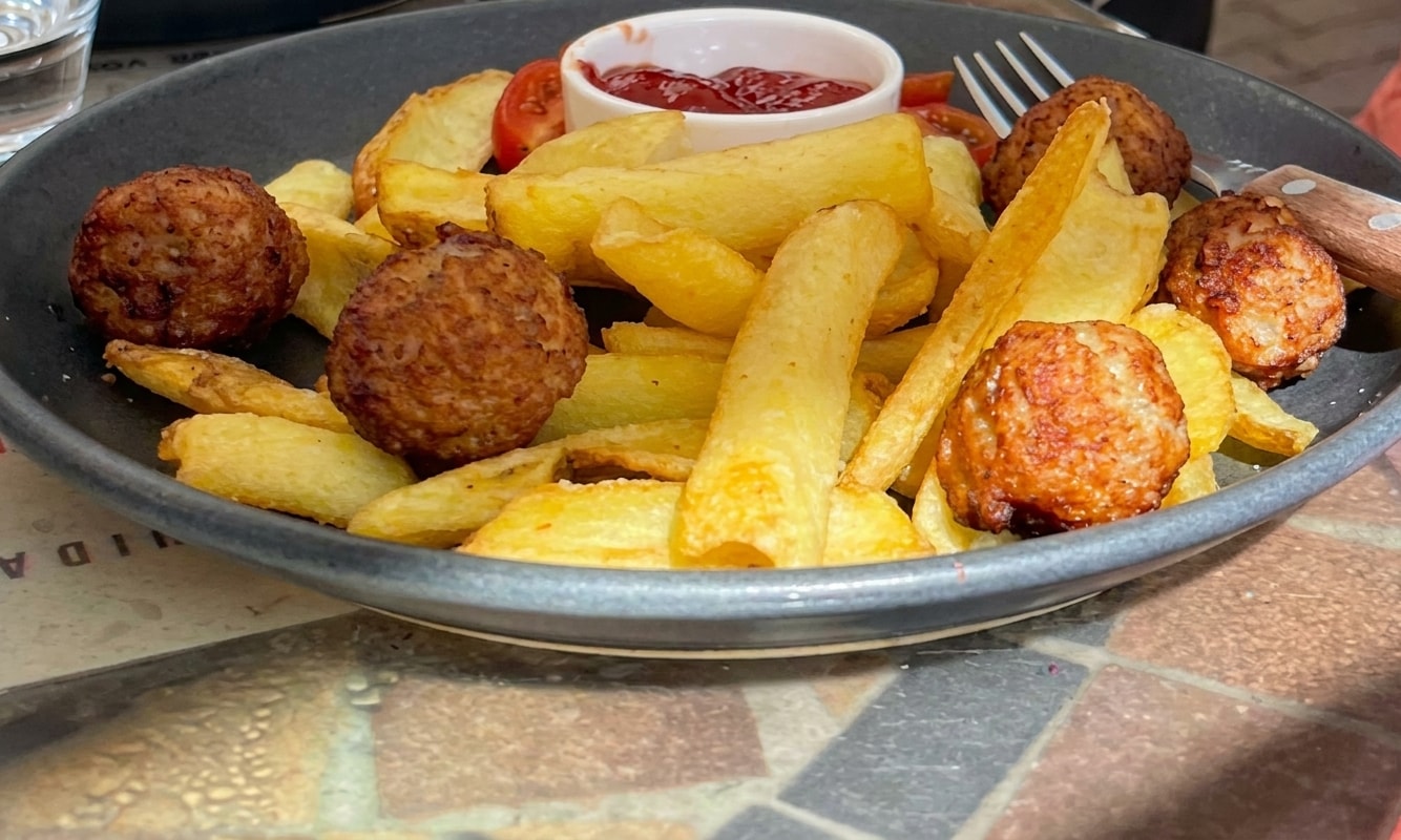 Meatballs with French Fries and Ketchup