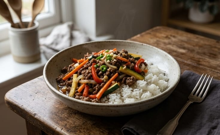 Beef and Vegetable Stir-Fry with Steamed White Rice