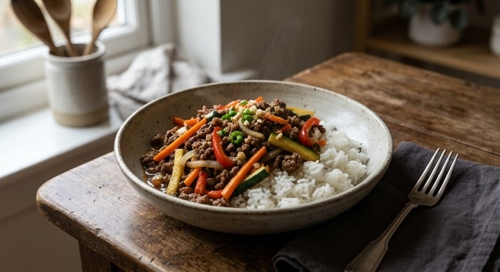 白米饭配牛肉末杂蔬炒