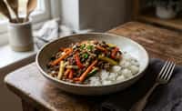 Beef and Vegetable Stir-Fry with Steamed White Rice