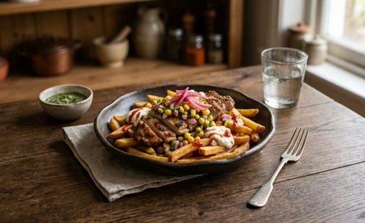 Loaded Fries with Grilled Chicken, Corn Salsa, Pickled Red Onion, Sour Cream, and Chili Sauce