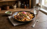 Loaded Fries with Grilled Chicken, Corn Salsa, Pickled Red Onion, Sour Cream, and Chili Sauce