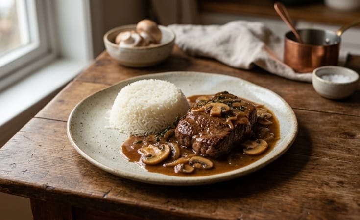 Braised Beef Steak with Mushroom-Onion Brown Gravy and Steamed White Rice