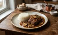 Braised Beef Steak with Mushroom-Onion Brown Gravy and Steamed White Rice