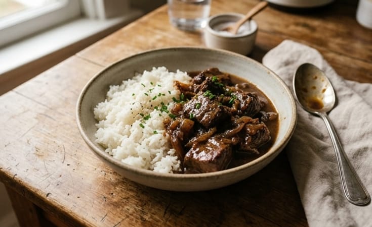 Braised Beef with Brown Gravy and Steamed White Rice