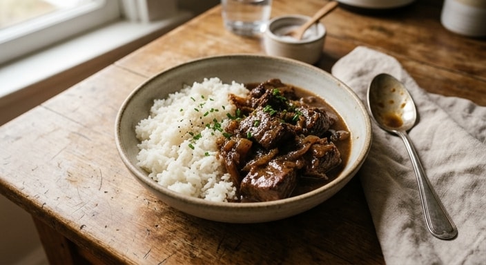 Braised Beef with Brown Gravy and Steamed White Rice
