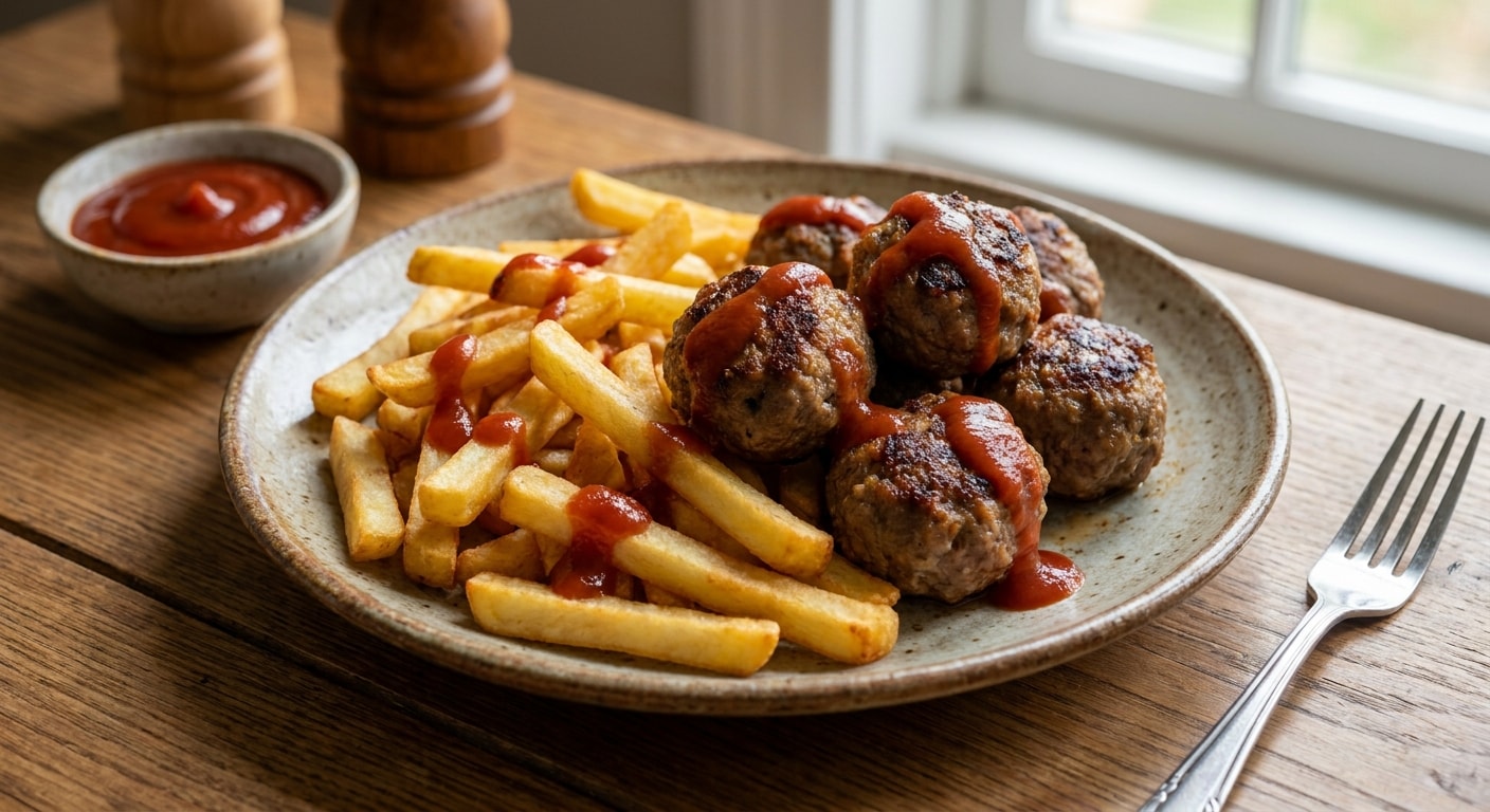 French Fries with Meatballs and Ketchup
