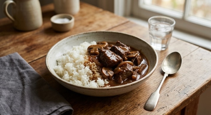 红烧牛肉配白米饭和棕色肉汁