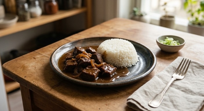 Braised Beef with White Rice and Brown Sauce