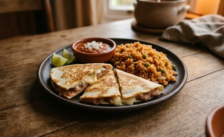 Quesadilla de Frijol con Arroz Mexicano, Salsa Roja y Lima