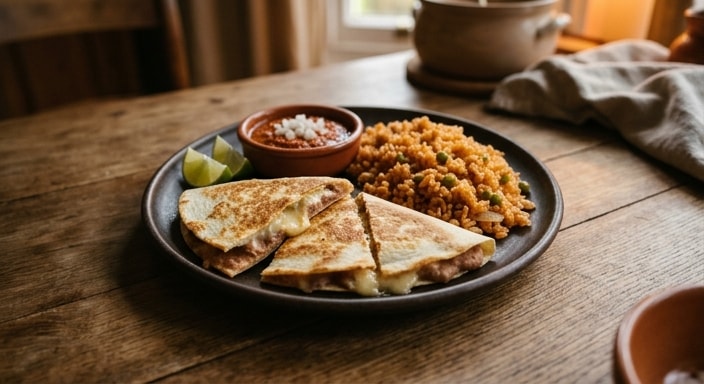 Quesadilla de Frijol con Arroz Mexicano, Salsa Roja y Lima