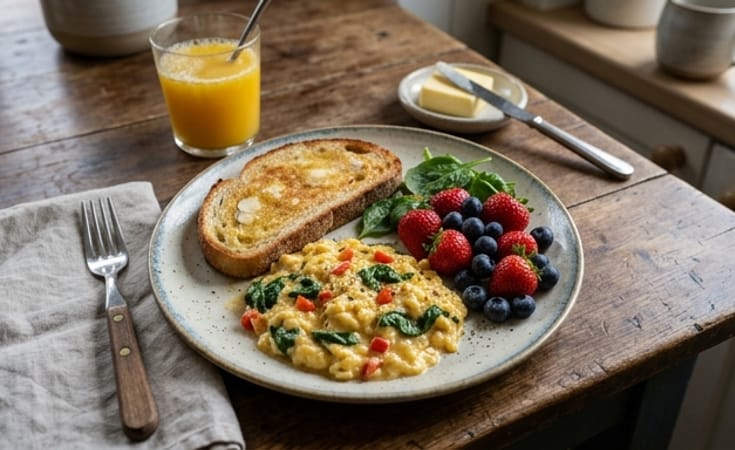 Garden Scrambled Eggs with Buttered Toast and Strawberries with Blueberries