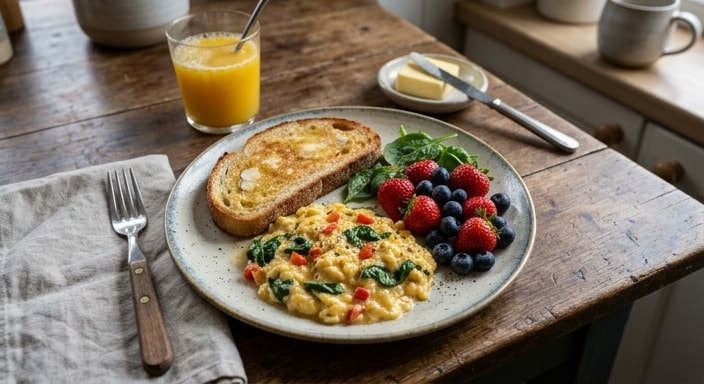 Garden Scrambled Eggs with Buttered Toast and Strawberries with Blueberries
