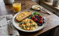 Garden Scrambled Eggs with Buttered Toast and Strawberries with Blueberries