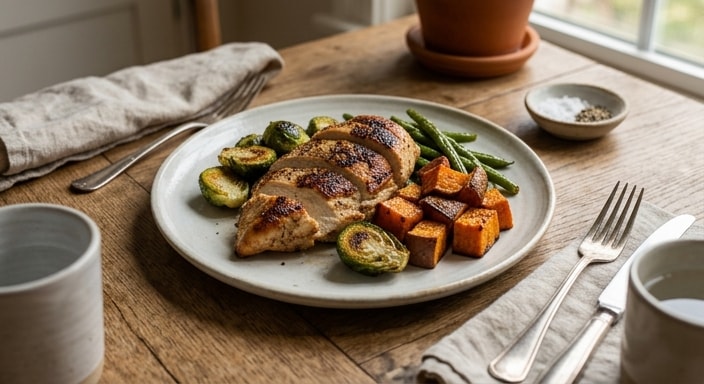 Charred Chicken Breast with Roasted Sweet Potato, Green Beans, and Brussels Sprouts